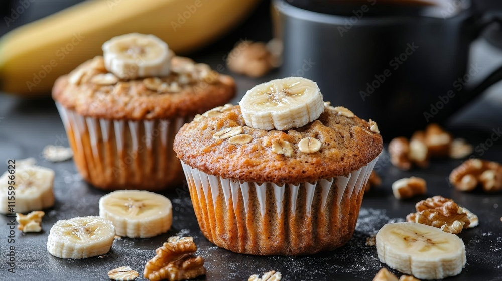 Delicious banana muffins topped with walnuts and sliced bananas beside a cup of coffee Delicious banana muffins topped with walnuts and sliced bananas beside a cup of coffee