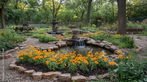 Tranquil garden pathway surrounded by vibrant flowers and lush greenery in th...