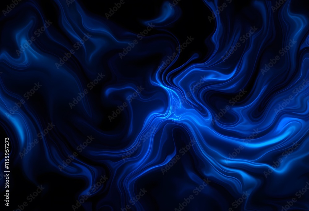 Obraz premium Bright blue glowing smoke pattern on black background. Abstract fluid waves with dynamic movement. Modern design element for technology, science, energy themes with copy space