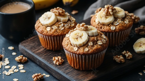 Delicious banana muffins topped with walnuts and sliced bananas beside a cup ...