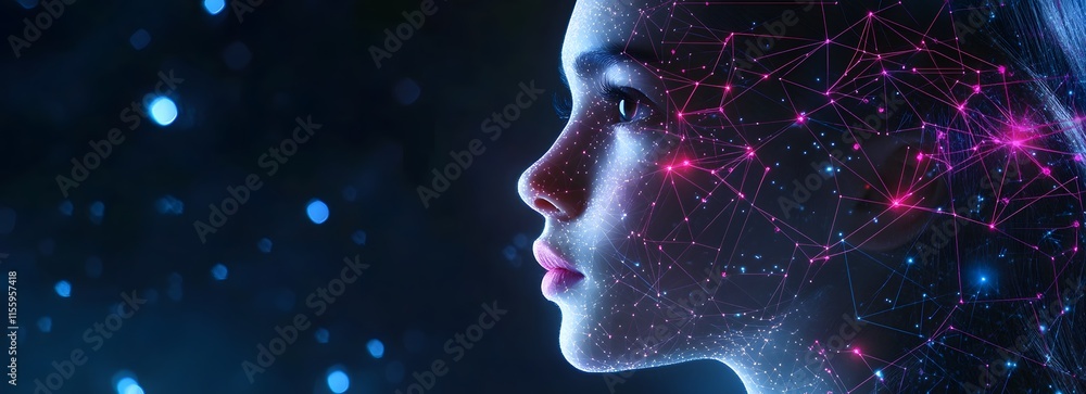 Digital Girl Profile Network Connections Blue Background Digital Girl Profile Network Connections Blue Background