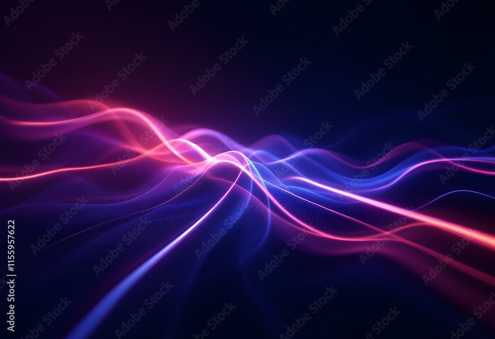Naklejka premium Glowing red and blue neon light waves on dark background. Abstract energy flow pattern. Dynamic electric lines. Modern tech design for banner, poster with copy space