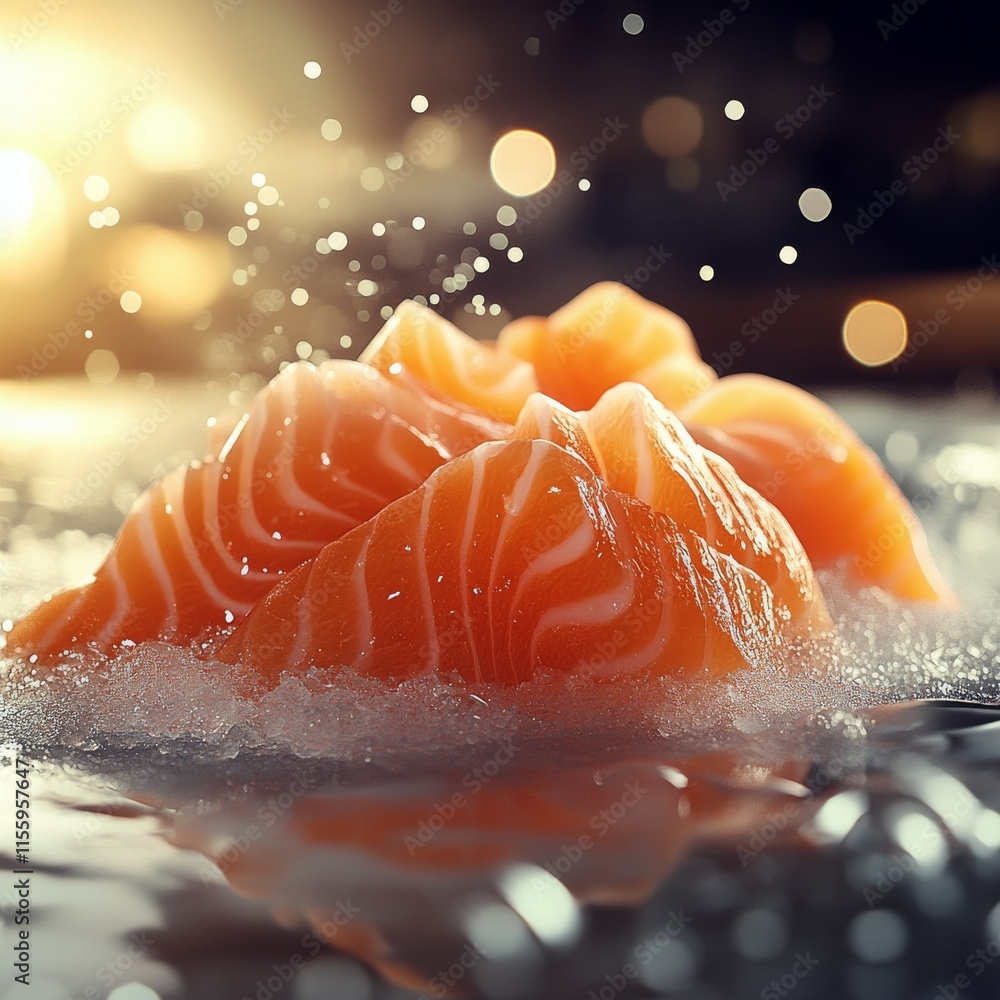 Fresh salmon cuts with vibrant colors on a reflective surface under soft lighting Fresh salmon cuts with vibrant colors on a reflective surface under soft lighting