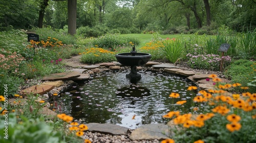 Tranquil garden pathway surrounded by vibrant flowers and lush greenery in th...