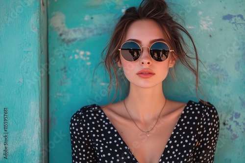 Fashionable woman wearing sunglasses poses under clear blue sky in vibrant po...