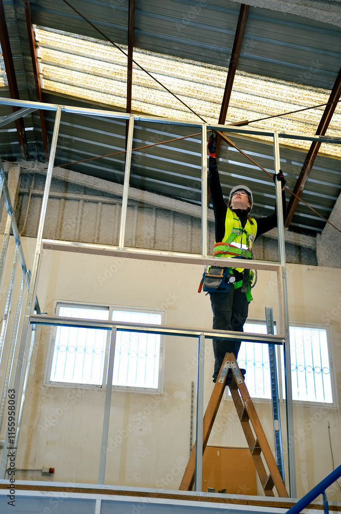 Construction worker mounting metal frame for plasterboard ceiling Construction worker mounting metal frame for plasterboard ceiling