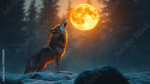 Wolf howling at a bright full moon in a dense forest at twilight
