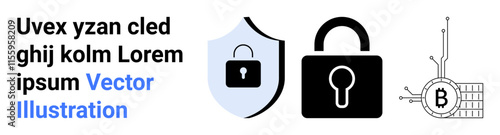 Shield with lock, large padlock, and blockchain symbol with bitcoin icon. Ideal for cybersecurity, online security, data protection, blockchain technology, cryptocurrency, digital privacy, and tech