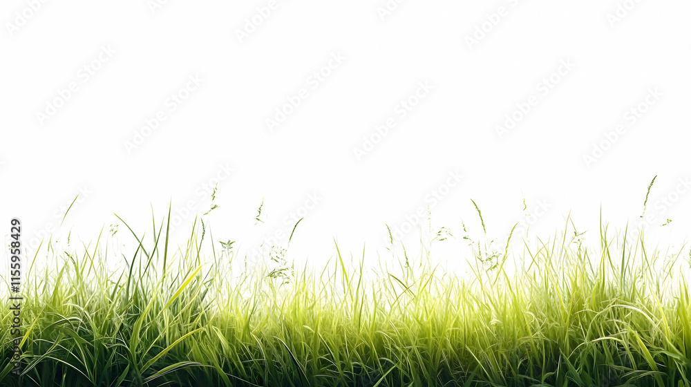 Fototapeta premium A wide, open field of grass or meadow, isolated on a white background for design purposes.