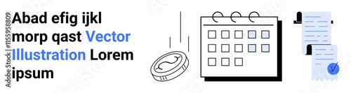 Calendar with spiral binding, falling coin symbol, and stack of papers with check mark and clip. Ideal for finance, business planning, scheduling, budgeting, productivity, project management