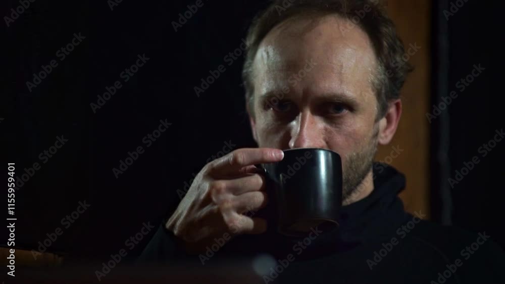 A man is seen taking a sip from a dark-colored mug in a dimly lit setting. The close-up shot and low light create an intimate and relaxed atmosphere A man is seen taking a sip from a dark-colored mug in a dimly lit setting. The close-up shot and low light create an intimate and relaxed atmosphere
