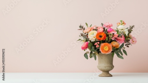 Colorful spring flower arrangement in a vintage vase for beautiful home decor