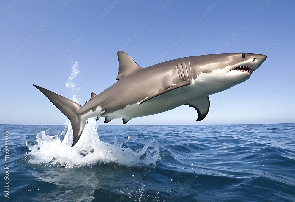 Naklejka premium Great White Shark Leaping Out of Water. A powerful dynamic image of a great white shark leaping gracefully out of the ocean's surface