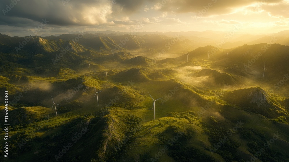 Obraz premium Turbines in Lush Valley with Morning Light