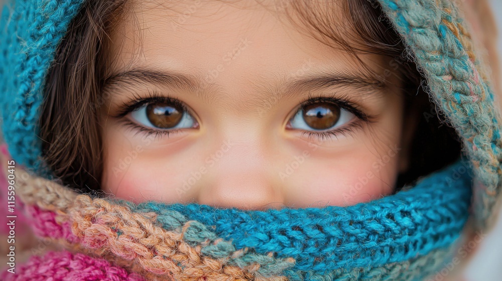 Cozy child wrapped in blanket with playful expression on a chilly spring day Cozy child wrapped in blanket with playful expression on a chilly spring day