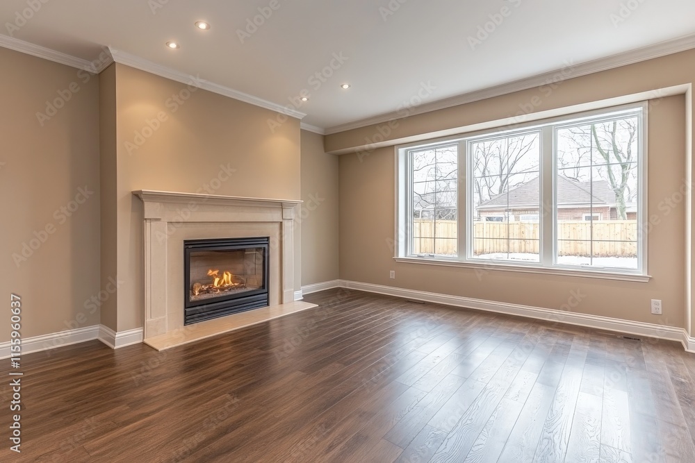 Obraz premium Modern living room with hardwood flooring and fireplace in a well-lit space