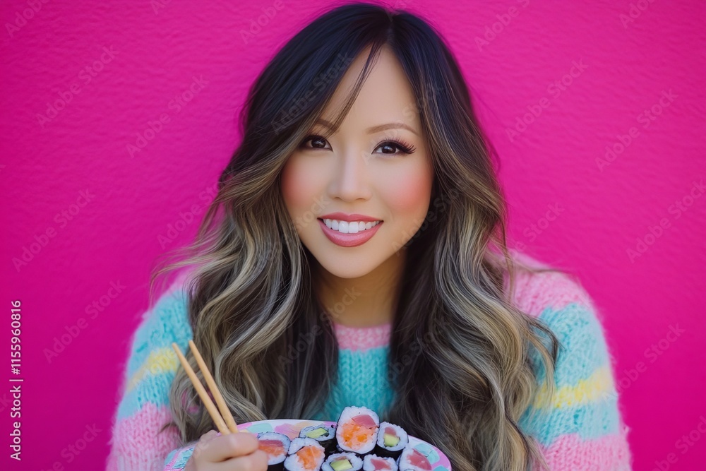 A young, happy, and smiling woman, around 20, dressed in casual clothing, is holding makizushi sushi served on a black plate with traditional Japanese food and chopsticks, set against a plain pastel A young, happy, and smiling woman, around 20, dressed in casual clothing, is holding makizushi sushi served on a black plate with traditional Japanese food and chopsticks, set against a plain pastel