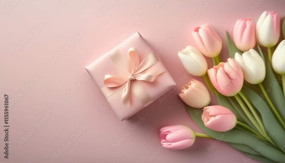 tulips and gift box with space for text in pastel colors, greeting card, happy mother's day, birthday and march 8 tulips and gift box with space for text in pastel colors, greeting card, happy mother's day, birthday and march 8