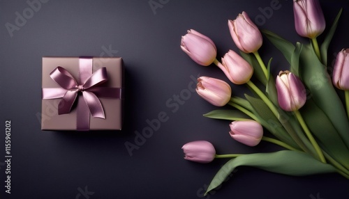 tulips and gift box with space for text on dark background greeting card, happy mother's day, birthday and march 8