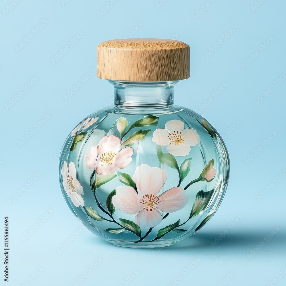 Glass bottle with painted flowers and wooden lid. Glass bottle with painted flowers and wooden lid.