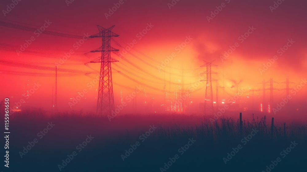 Naklejka premium Vibrant Sunset Over Urban Power Towers