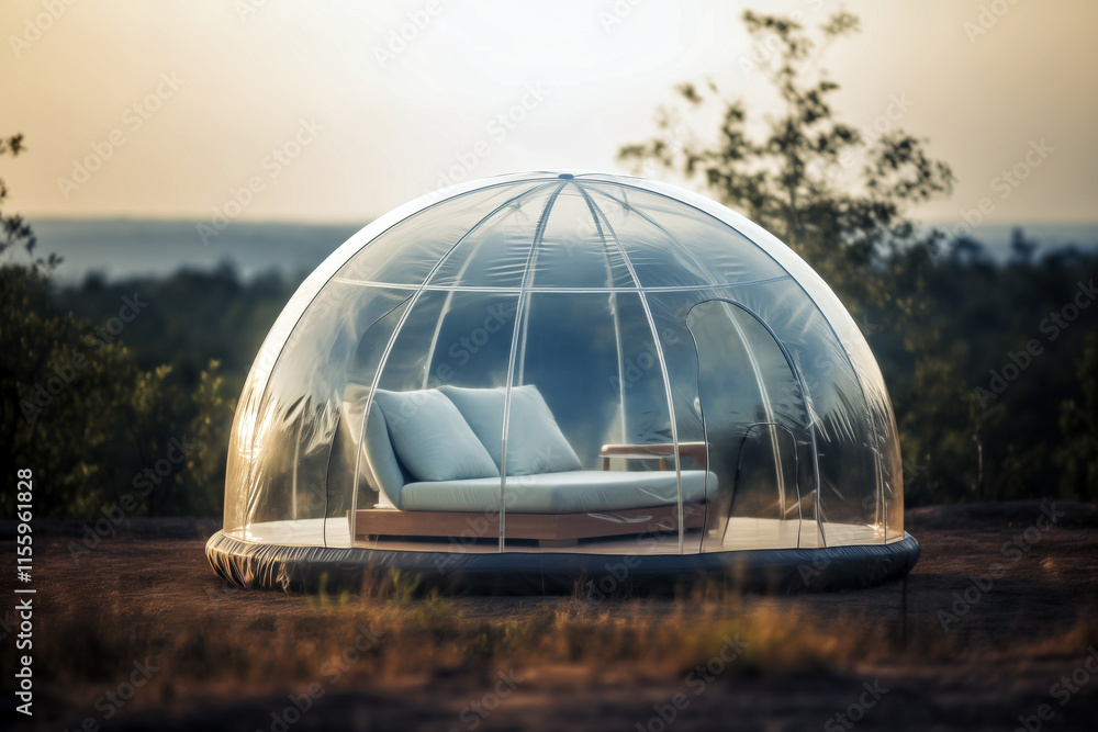 Obraz premium A transparent travel dome set in a pristine natural location, artistic bokeh background