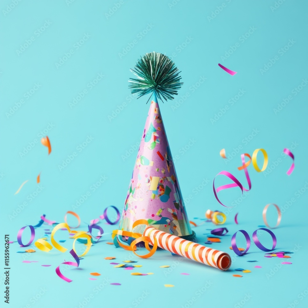 Colorful party hat with confetti on blue background. Colorful party hat with confetti on blue background.