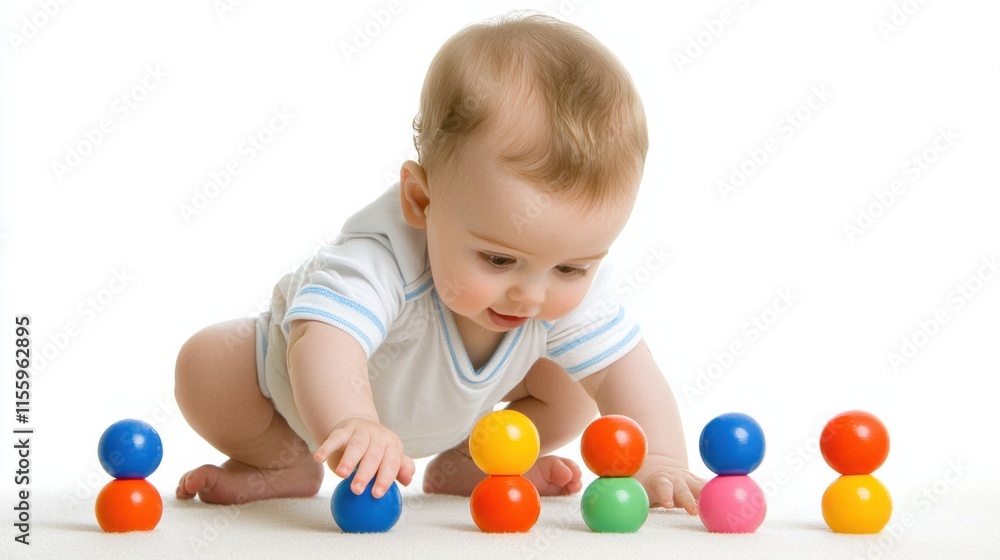 Curious baby playing with colorful stacking toys in playful chaos Curious baby playing with colorful stacking toys in playful chaos