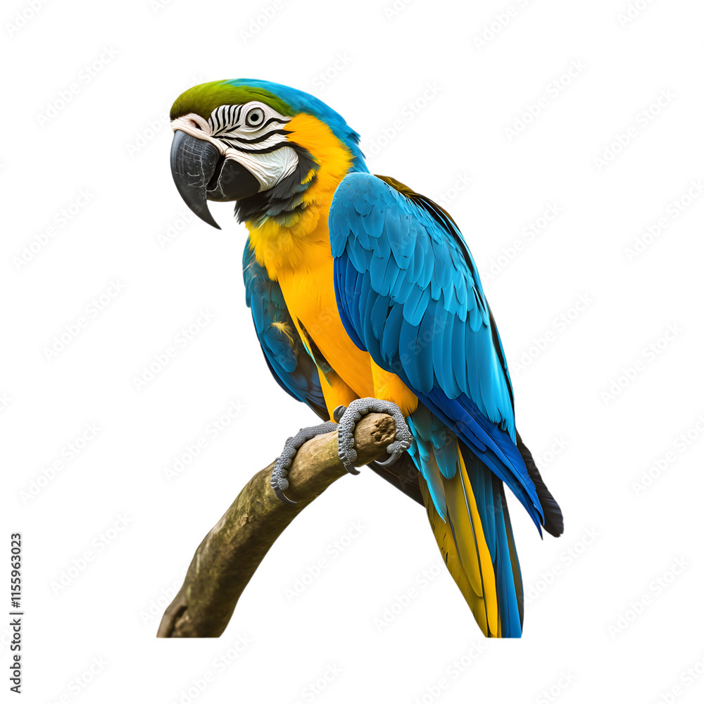 Fototapeta premium Birds of the Amazon, Blue-and-yellow Macaw in the Forest, Art, Image, with Transparent Background PNG, for Stickers, T-Shirt Print, Cap, Mug, Flip-flops, Mousepad, Transparent PNG