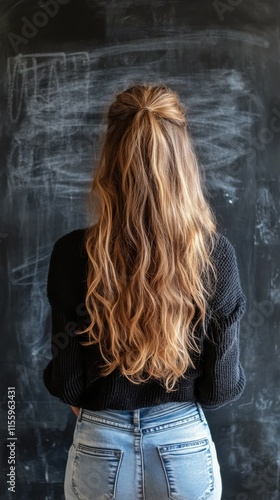 Young woman with natural beauty poses in front of a chalkboard in a cozy indo...