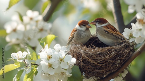 Bird nestled in nest among blooming flowers during springtime