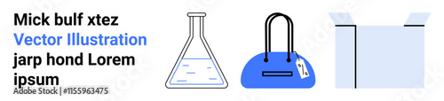 Laboratory flask filled with liquid, duffle bag with tag, and open box. Ideal for science, travel, storage, education, e-commerce organization packing. Landing page