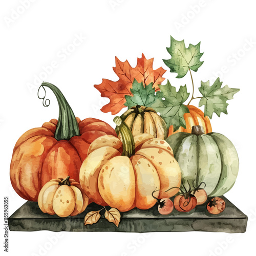 A watercolor vector of a fall table centerpiece made of pumpkins, isolated on a white background. Pumpkin centerpiece vector.
