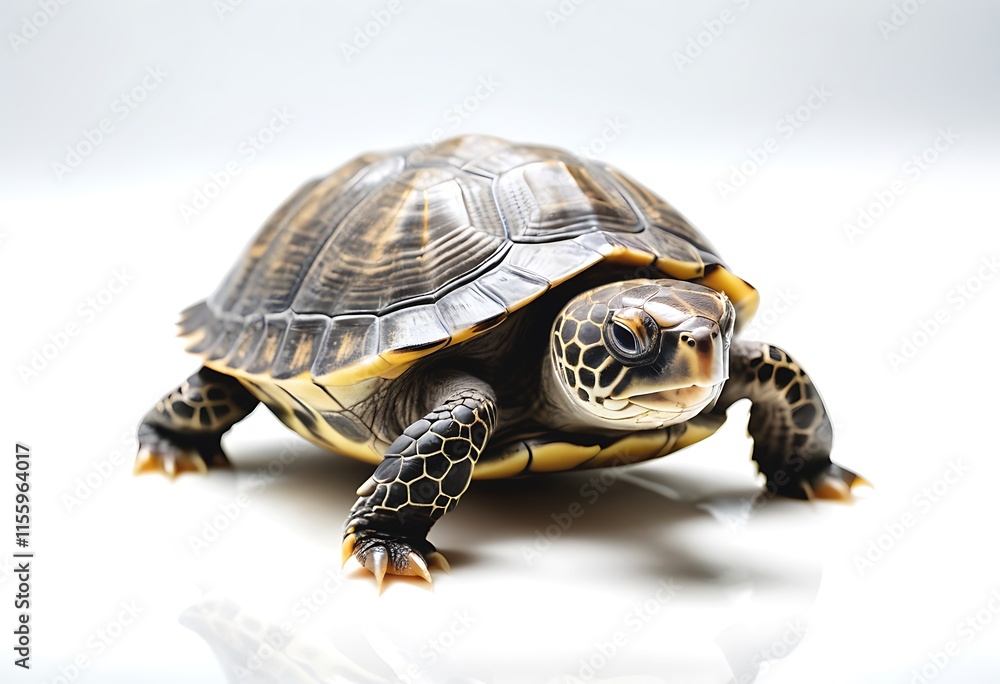 Close-up of a curious young turtle against a white background. A captivating close-up of a small young turtle Close-up of a curious young turtle against a white background. A captivating close-up of a small young turtle