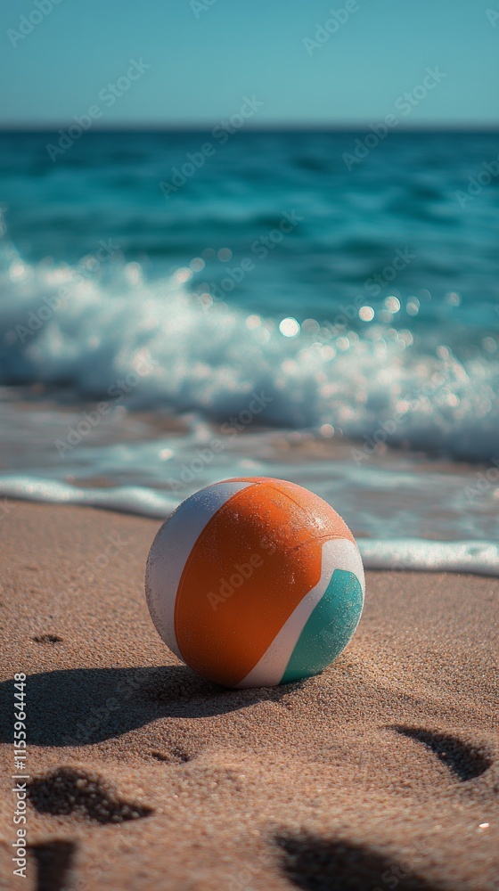 Obraz premium Colorful beach ball resting on sandy shore near ocean waves in bright sunlight