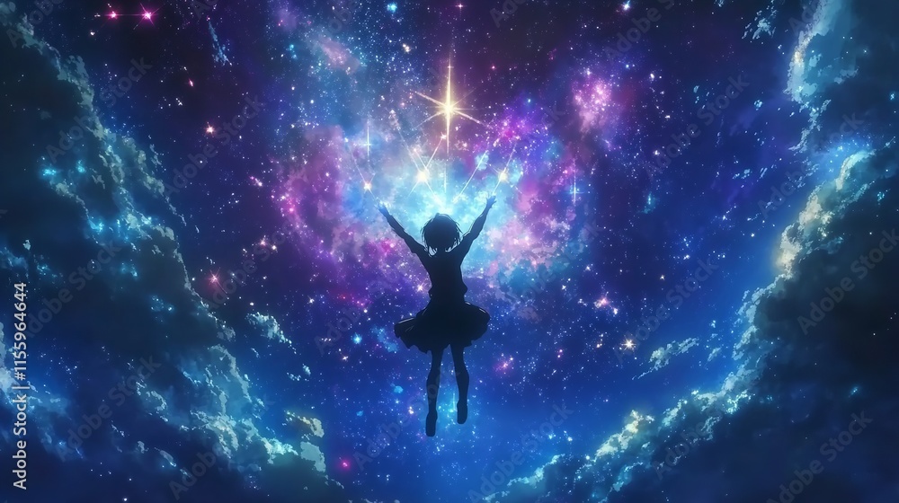 A mystical anime girl floating in an astral realm surrounded A mystical anime girl floating in an astral realm surrounded