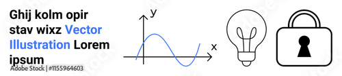 Blue graph with x and y axis, light bulb icon, and padlock icon. Ideal for tech, security, innovation, data analysis, education business strategy and creative processes. Landing page