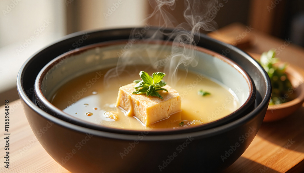 Steaming tofu soup served in a bowl with herbs in a cozy restaurant setting Steaming tofu soup served in a bowl with herbs in a cozy restaurant setting