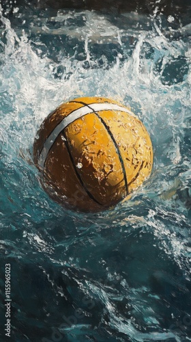Vibrant orange and white beach ball splashes in crystal clear water on a sunn...