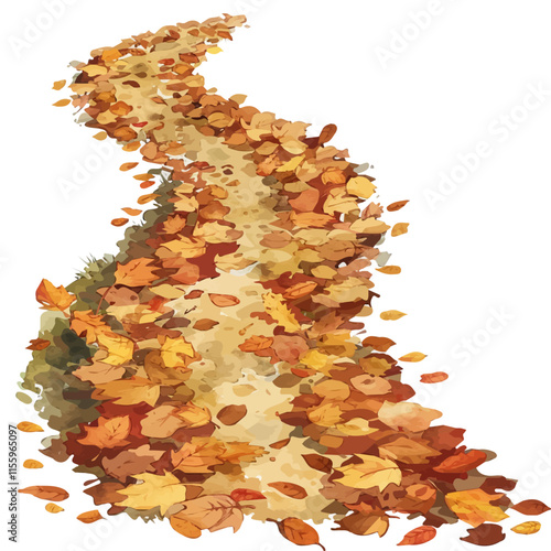 A watercolor drawing of a fall trail covered in crunchy leaves, isolated on a white background. Fall trail vector.
