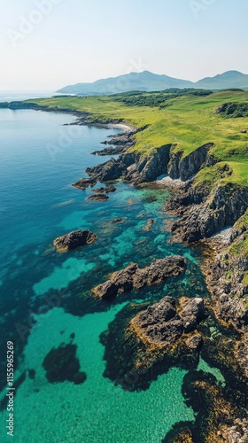 Breathtaking coastal view of turquoise waters and rocky cliffs under a clear ...