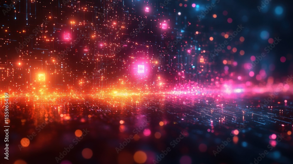 Fototapeta premium Abstract Digital Landscape: Neon Lights and Data Streams