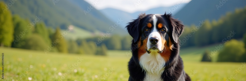 Majestic Bernese Mountain Dog posing against a backdrop of serene rolling hills and lush green meadows in the summer sun Majestic Bernese Mountain Dog posing against a backdrop of serene rolling hills and lush green meadows in the summer sun