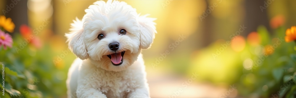 A Bichon Frisé puppy with an adorable smile surrounded by vibrant flowers in a sun-drenched park bringing joy and happiness A Bichon Frisé puppy with an adorable smile surrounded by vibrant flowers in a sun-drenched park bringing joy and happiness