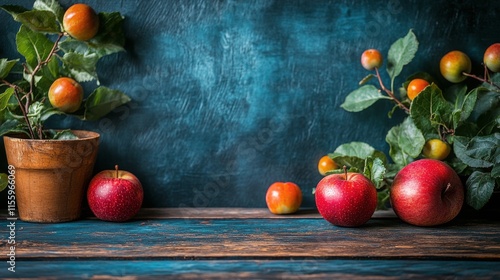 Fresh apples and yellow fruits displayed on a wooden table with green leaves ...
