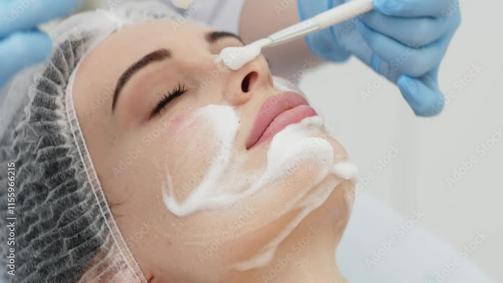 Close-up of a young woman undergoing a facial skincare treatment. A cosmetologist applies a carboxytherapy product. Concept of peeling, cosmetic cleanses, and skin rejuvenation. Close-up of a young woman undergoing a facial skincare treatment. A cosmetologist applies a carboxytherapy product. Concept of peeling, cosmetic cleanses, and skin rejuvenation.