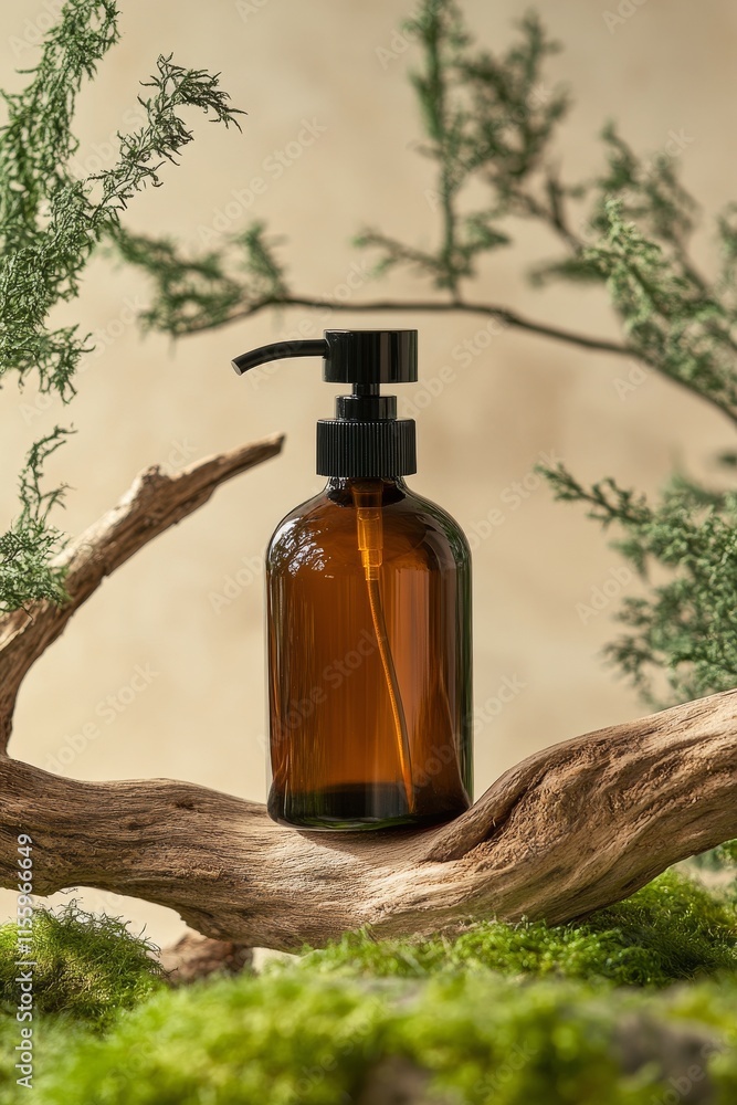 Brown glass bottle on rustic wood with green moss and textured background Brown glass bottle on rustic wood with green moss and textured background