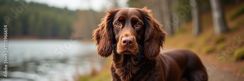 A handsome Boykin Spaniel with soulful eyes poses calmly by a tranquil lake in a beautiful autumnal forest scene displaying its rich brown fur and gentle demeanor photo