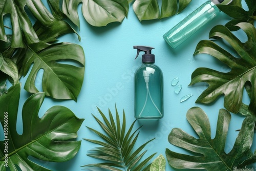 Green skincare bottles surrounded by lush leaves on a soft blue background fo...