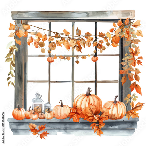 A watercolor drawing of a fall window display with autumn garlands and pumpkins, isolated on a white background. Fall window vector.
